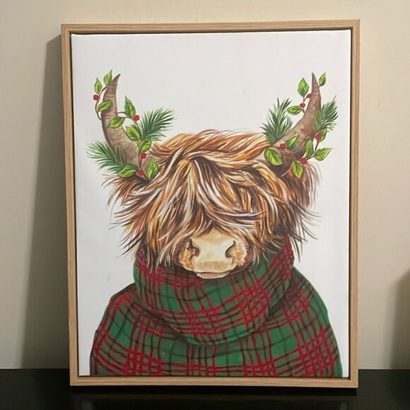 New Eccolo Christmas High land cow cattle canvas picture wooden frame wall art - Picture 1 of 8